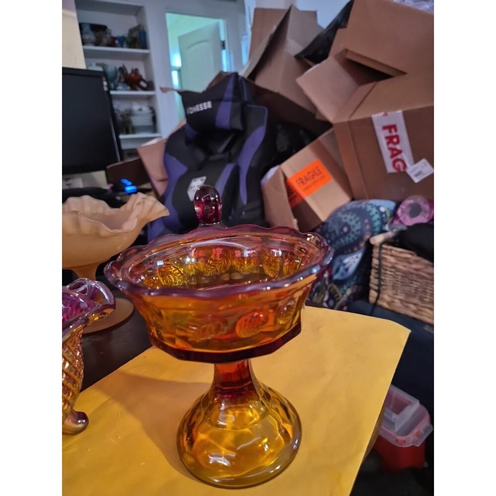 Vintage Amber Indiana Glass Amberina With An Strawberry And Leaf Motif Base...